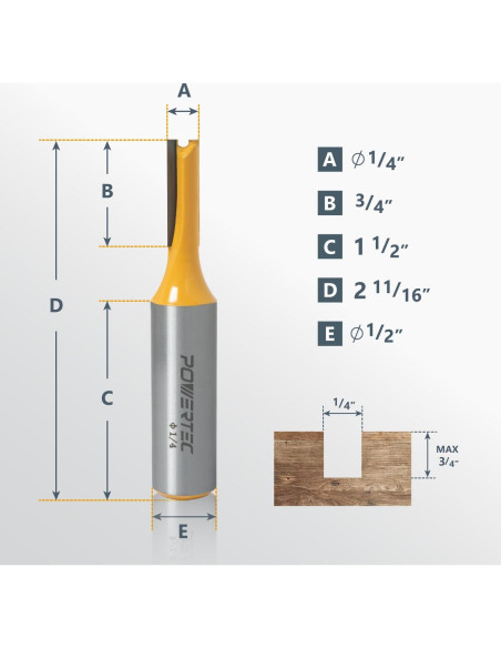 Bit de Ruta Recto POWERTEC 1/4" (6.35 mm) Carburo 73051
