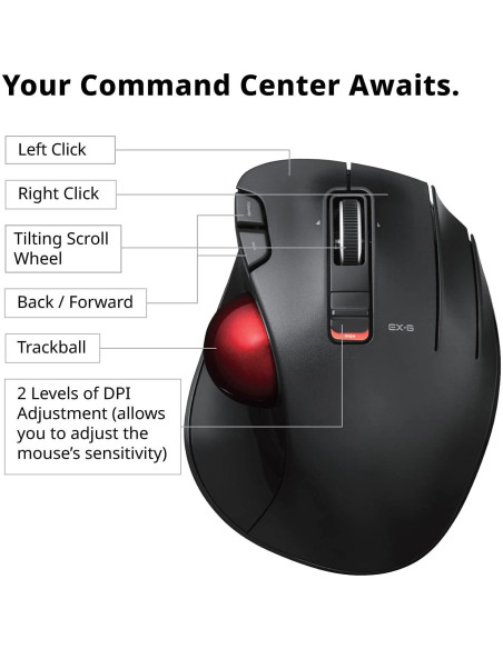 Ratón Trackball Inalámbrico ELECOM EX-G, Ergonómico, 6 Botones
