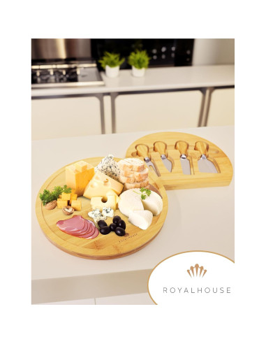 Tablero de Queso Redondo de Bambú RoyalHouse con 4 Cuchillos