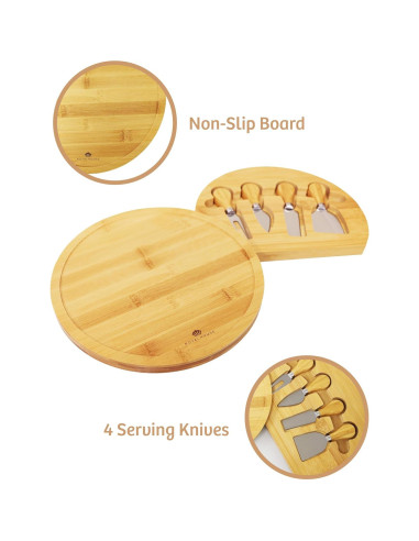 Tablero de Queso Redondo de Bambú RoyalHouse con 4 Cuchillos