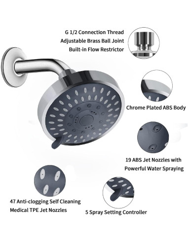 Cabezal de Ducha Fijo Aisoso 10,41 cm Alta Presión 5 Modos