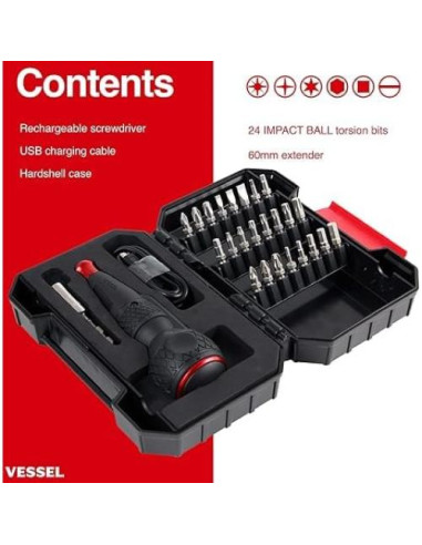 Destornillador eléctrico VESSEL e-ASSIST 25 piezas 3.6V