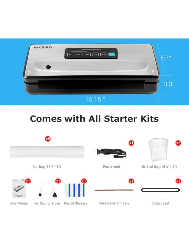 Máquina Selladora al Vacío Inkbird con 5 Rollos y Bolsas