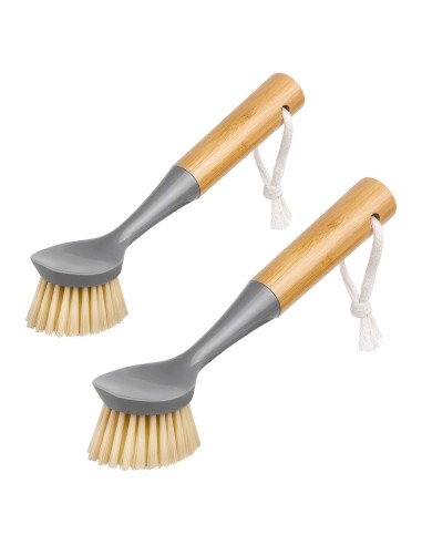 Cepillo para Platos MR.SIGA con Mango de Bambú y Raspador - Paquete de 2