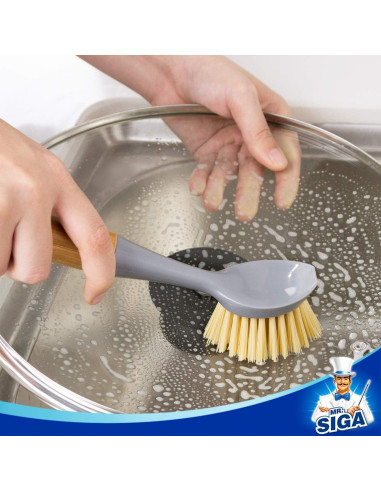 Cepillo para Platos MR.SIGA con Mango de Bambú y Raspador - Paquete de 2