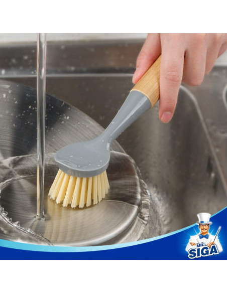 Cepillo para Platos MR.SIGA con Mango de Bambú y Raspador - Paquete de 2