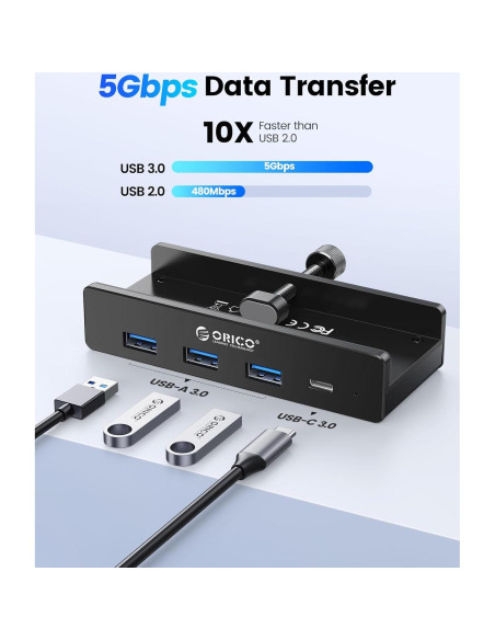 Hub USB 3.0 ORICO con Abrazadera y Puerto USB-C 4 Puertos