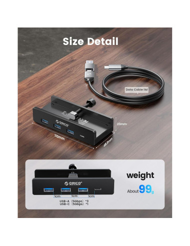 Hub USB 3.0 ORICO con Abrazadera y Puerto USB-C 4 Puertos
