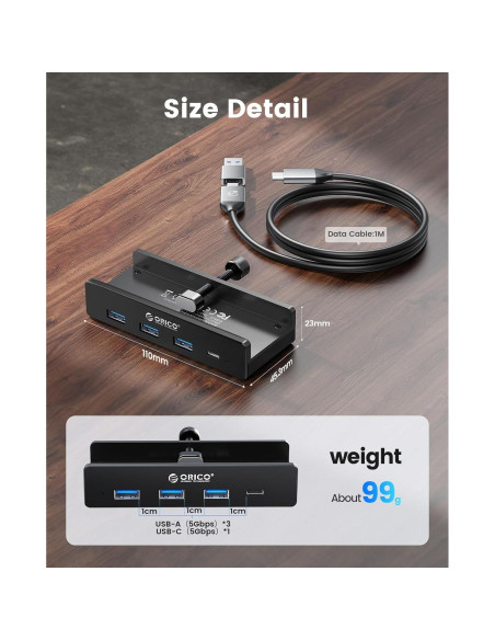Hub USB 3.0 ORICO con Abrazadera y Puerto USB-C 4 Puertos