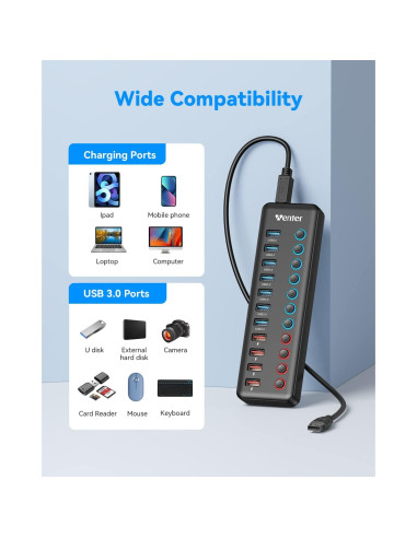 Hub USB 3.0 Alimentado Wenter 11 Puertos con Carga Rápida