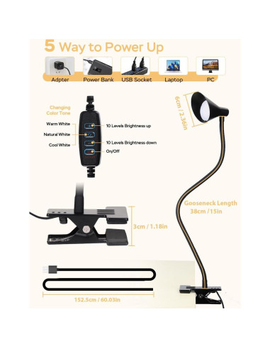 Lámpara de lectura LED LiFMIRA con clip y 3 modos de luz