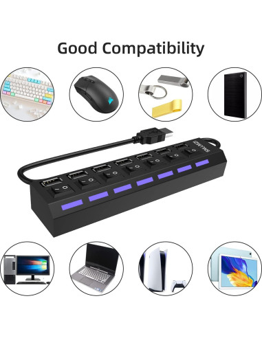 Hub USB 2.0 de 7 Puertos SNLLMZI Portátil LED Alta Velocidad