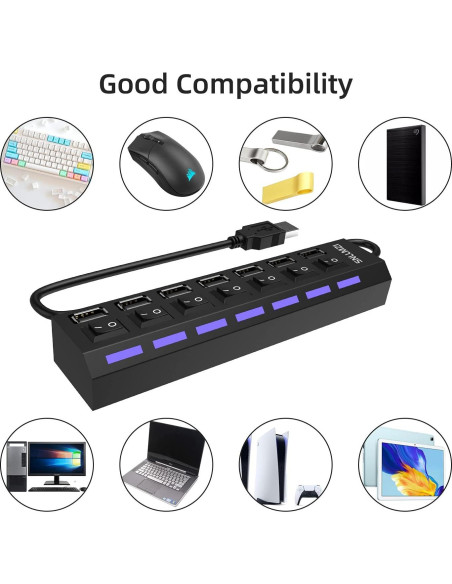 Hub USB 2.0 de 7 Puertos SNLLMZI Portátil LED Alta Velocidad