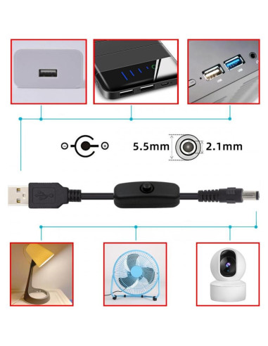 Cable DC 5.5mm con USB Tipo-A y botón encendido 1m CY