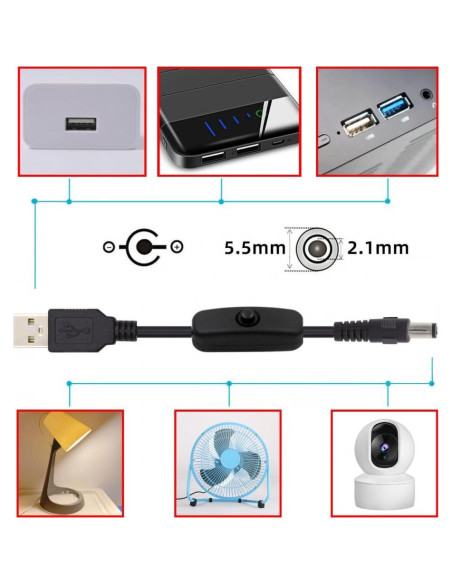 Cable DC 5.5mm con USB Tipo-A y botón encendido 1m CY