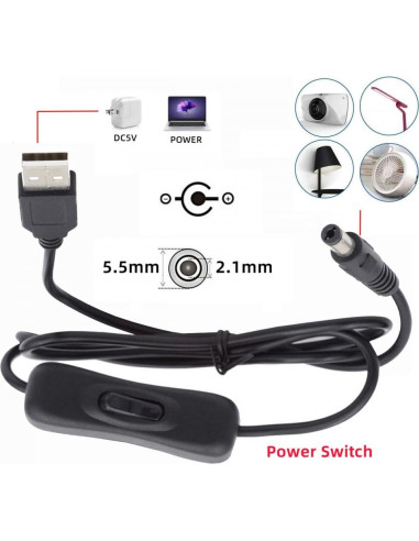 Cable DC 5.5mm con USB Tipo-A y botón encendido 1m CY