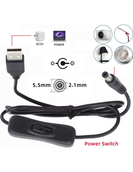 Cable DC 5.5mm con USB Tipo-A y botón encendido 1m CY