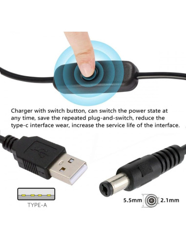 Cable DC 5.5mm con USB Tipo-A y botón encendido 1m CY