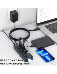 Hub USB 3.0 Alimentado FEMORO 7 Puertos 12W Carga Adaptador 2