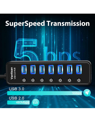 Hub USB 3.0 Alimentado 7 Puertos con Carga Inteligente BYX2-0504000-1