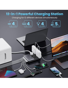 Estación de Carga 12-en-1 USB C 200W con 4 AC y 8 USB 2