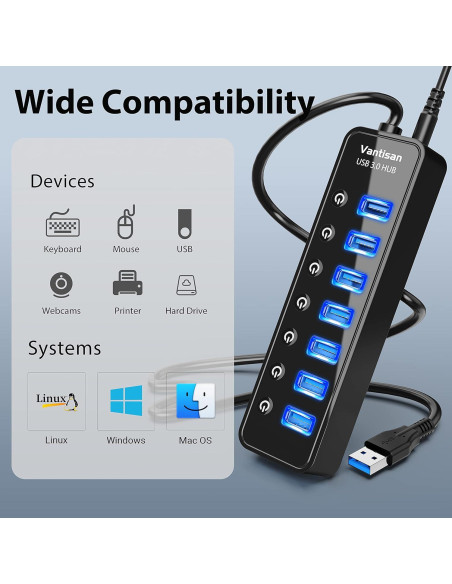 Hub USB 3.0 Alimentado 7 Puertos con Carga Inteligente BYX2-0504000-1