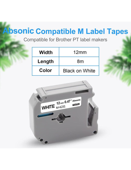 Cinta de Etiqueta Absonic M231 12mm Negra sobre Blanca - 6 Pack