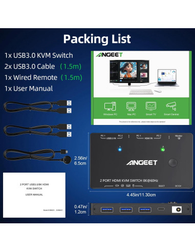 Conmutador KVM HDMI 8K ANGEET 2 Puertos USB 3.0 4K@120Hz