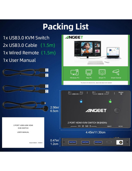 Conmutador KVM HDMI 8K ANGEET 2 Puertos USB 3.0 4K@120Hz