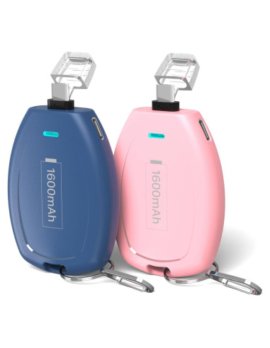 Cargador Portátil USB-C en Llavero 1600mAh Rosa y Azul