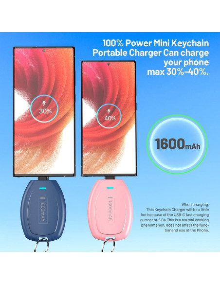 Cargador Portátil USB-C en Llavero 1600mAh Rosa y Azul