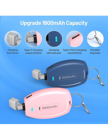 Cargador Portátil USB-C en Llavero 1600mAh Rosa y Azul
