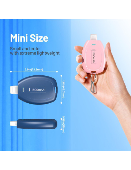 Cargador Portátil USB-C en Llavero 1600mAh Rosa y Azul