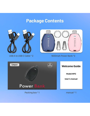 Cargador Portátil USB-C en Llavero 1600mAh Rosa y Azul