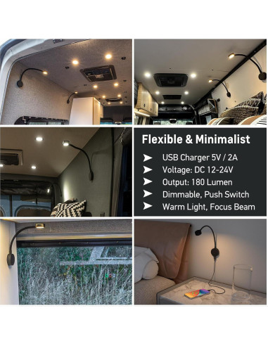 Lámpara de Lectura LED Acegoo 12V Flexible USB 2 Pcs