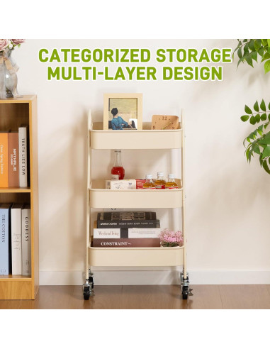 Carro Rodante de 3 Niveles AGTEK con Ruedas Giratorias Beige