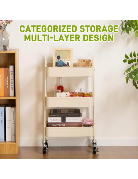 Carro Rodante de 3 Niveles AGTEK con Ruedas Giratorias Beige