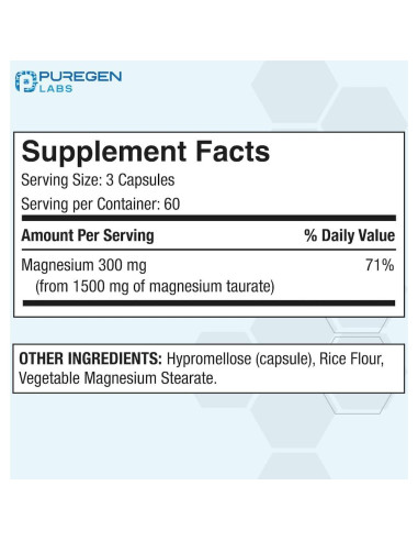 Taurato de Magnesio Puregen Labs 1500mg 180 Cápsulas Vegetales