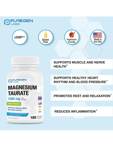 Taurato de Magnesio Puregen Labs 1500mg 180 Cápsulas Vegetales