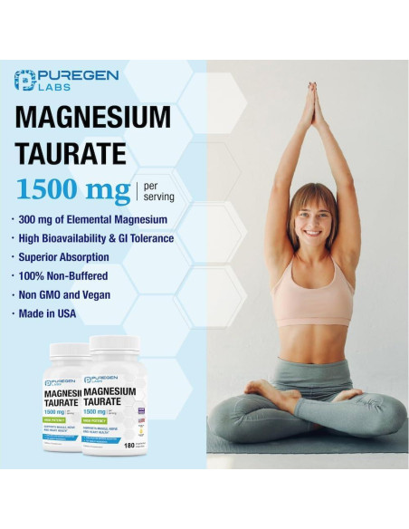 Taurato de Magnesio Puregen Labs 1500mg 180 Cápsulas Vegetales
