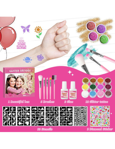 Kit de Tatuajes Temporales de Purpurina XiQiDianr 12 Colores