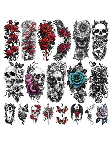 77 Hojas Tatuajes Temporales Calaveras y Flores Yazhiji