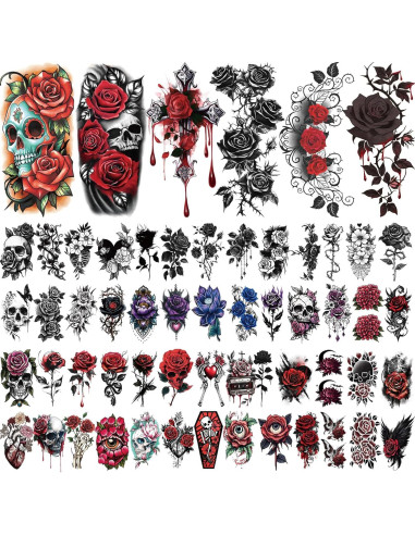77 Hojas Tatuajes Temporales Calaveras y Flores Yazhiji