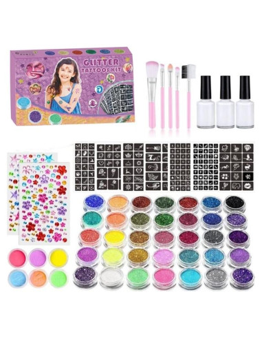 Kit de Tatuajes Temporales Brillantes Wxfhtda - 36 Colores + 151 Plantillas