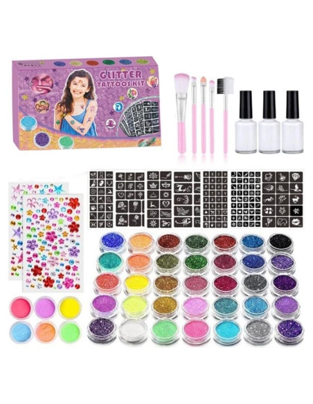Kit de Tatuajes Temporales Brillantes Wxfhtda - 36 Colores + 151 Plantillas