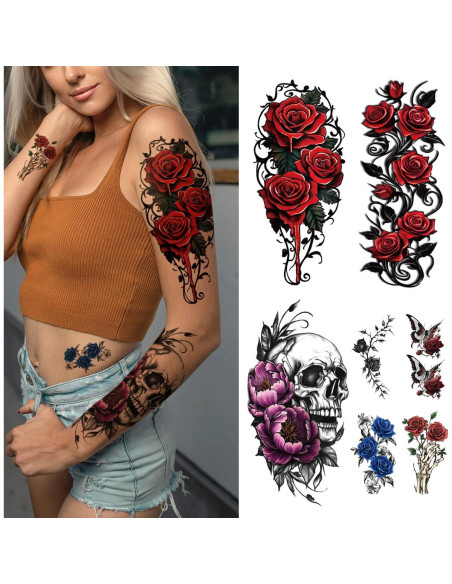 77 Hojas Tatuajes Temporales Calaveras y Flores Yazhiji