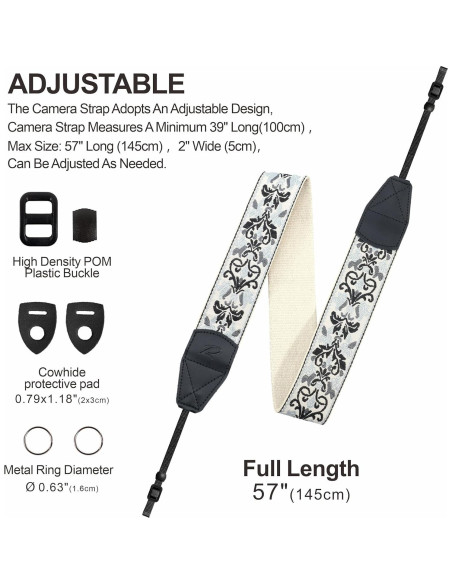 Correa de Cámara Padwa Lifestyle Bordado Gris 5cm Ajustable