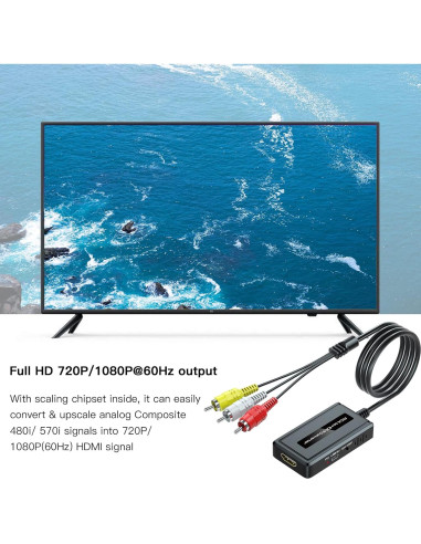 Convertidor RCA macho a HDMI Bcrokory con cable HDMI 1080P