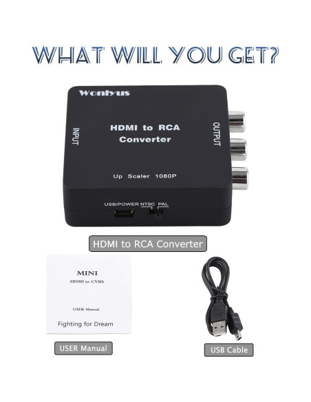 Convertidor HDMI a RCA Wonlyus 1080P Soporta PAL/NTSC