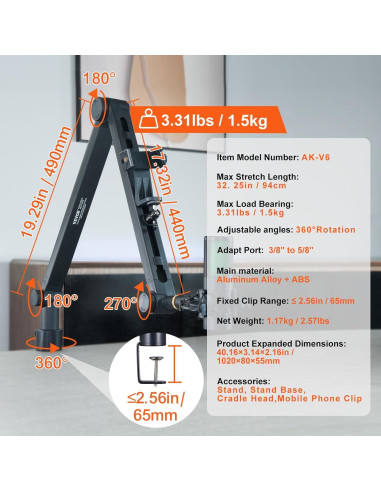 Brazo de Micrófono VEVOR AK-V6 Ajustable 1.5 kg 360